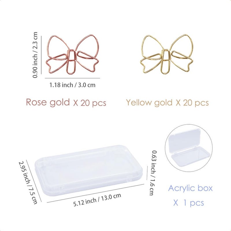 OWLFAVO Bowknot Shape 40pcs Paper Clips with Clear Box, Rose Gold and Yellow Gold, Funny Cute Paperclips Bookmarks Planner Clips for Fun Office Supplies School Gifts Wedding Decoration - Image 2